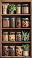 Wooden shelf displays jars filled with seeds, herbs, beans, lentils, grains, and other dry goods inside rustic storage arrangement. Natural pantry ingredients. photo