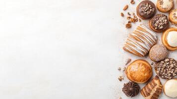 Variety of Baked Sweet Treats Arranged on a White Surface. Small Cakes, Pastries, and Crumbs Present. Confectionery Display for Gluten Free, Low Carb Diets. photo