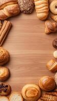 Various Breads and Pastries Border Wooden Surface. Baked Goods Circle Empty Space. Gluten free desserts and low carb food concept. photo