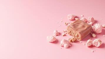 Squared sweet dessert covered with cream. Gluten free, low carb cake pieces on pink surface. photo