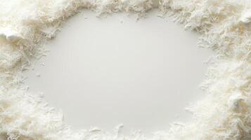 White Shredded Coconut Frame on White Background. Gluten-free Low-carb Desserts ingredient. Coconut flakes border. Food ingredient for healthy recipes. Empty space. photo