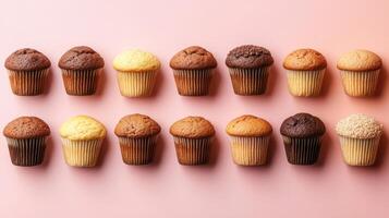 Assorted Muffins Arranged on Pink Surface. Gluten free desserts, low carb pastry. Healthy sweets. Yummy bakery with simple background. photo