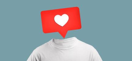 An abstract representation of a person with a heart icon instead of their head symbolizes social media engagement. The clean design creates a striking visual on a soft blue background. photo