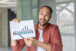 Webcam view, man shows colleagues and partners sales graph, financial investment report diagram. Businessman works inside office uses call. photo