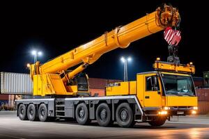 Mobile crane lifting hook in container terminal at night photo