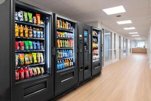 Row of vending machines offering snacks and drinks in modern office hallway photo