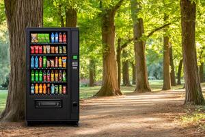 Vending machine offering snacks and drinks in a public park photo