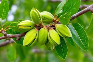 Young green almonds growing on tree branch, close up of unripe almonds photo