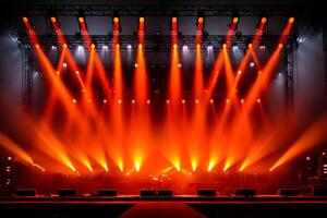 Red stage lights illuminating empty stage with instruments ready for music concert photo