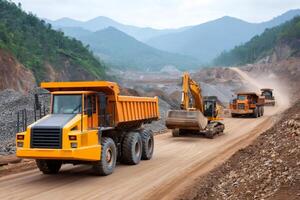Heavy mining dump trucks and excavator working in open pit mine photo