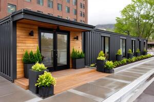 Modern office building made from repurposed shipping containers showing sustainable architecture photo