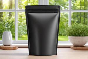 Black doypack pouch standing on wooden table by window photo