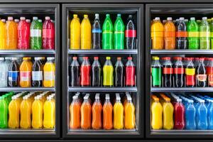 Refrigerated display case showing colorful carbonated soft drinks bottles photo