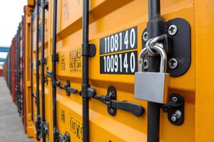 Padlock securing yellow shipping container in port terminal photo