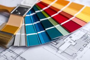 Paintbrush and color swatches palette resting on architectural blueprint for home renovation project photo