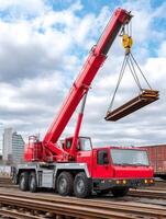 Red mobile crane lifting metal beams on construction site with cloudy sky photo