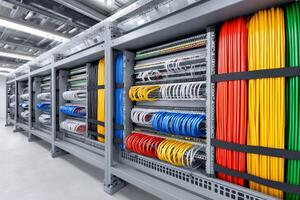 Electrical cabinets with colorful wires connecting servers in data center photo