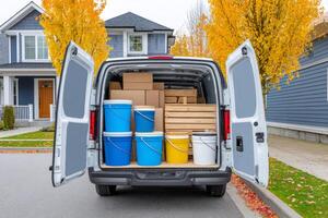 White delivery van parked in residential area with open doors showing cardboard boxes and buckets photo