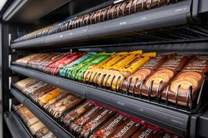 Vending machine displaying various packaged snacks and cookies photo
