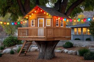 Backyard treehouse with colorful string lights illuminating the night photo