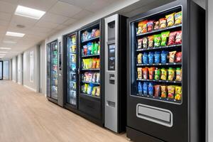 Vending machines stocked with snacks and drinks in office hallway photo