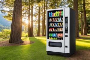 Vending machine offering snacks and drinks in a peaceful park setting photo