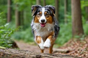 Australian shepherd running and jumping over a log in the forest photo