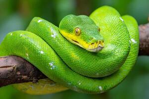 Green tree python resting on branch in lush forest photo