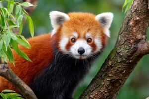 Red panda resting on tree branch in lush forest. . photo