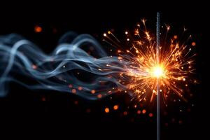 Burning sparkler emitting smoke on a black background photo