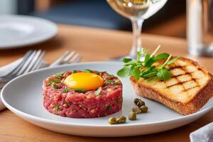 Gourmet beef tartare with raw egg yolk and toasted bread served on a plate in a restaurant photo
