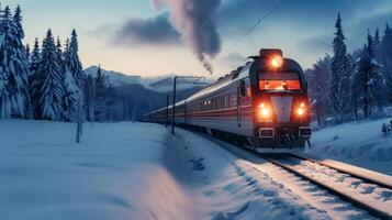 Passenger train traveling through snowy mountains at dusk photo