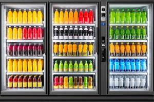 Vending machine displaying colorful assortment of beverages and drinks photo