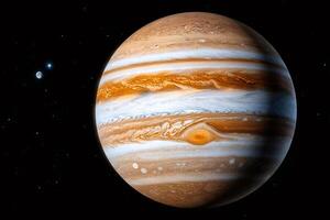 Jupiter with ganymede orbiting in outer space, gas giant with swirling clouds and small moon photo