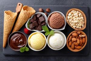 Ice cream assortment with chocolate, vanilla, chocolate sauce, and nuts is displayed on slate tray photo