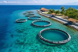 Fish farm in beautiful tropical lagoon with turquoise water and palm trees photo