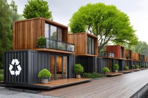 Row of modern container houses showing recycling symbol embracing sustainable living photo