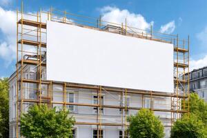 Large blank billboard on building under construction with scaffolding photo