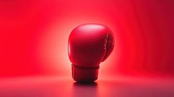 Red boxing glove stands prominently against a vivid red backdrop highlighting its texture and design during an evening training session in a gym photo
