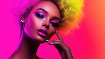 Vibrant portrait of a model with bold makeup and colorful hair in a dynamic setting showcasing creativity and fashion photo