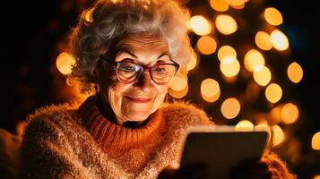 Senior woman enjoys reading on a tablet by the warm glow of holiday lights during evening hours at home photo
