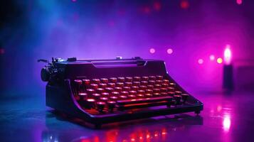 Vintage typewriter illuminated by colorful lights during a creative writing session in a cozy indoor space photo
