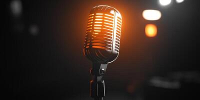 Vintage microphone surrounded by warm lights in an intimate music venue during a live performance on a cozy evening photo