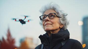 Elderly woman observes drone flying during sunset in urban setting, showcasing technology and generational curiosity while highlighting an engaging outdoor activity photo