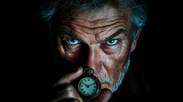 Intense elderly man holding a pocket watch with piercing blue eyes in dim lighting photo