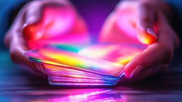 Colorful holographic cards illuminated by ambient light held in hands in a dimly lit space creating a vibrant and captivating experience during an evening gathering photo
