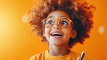 Excited child with curly hair and glasses expresses joy while holding a pen in a vibrant orange room during daytime photo