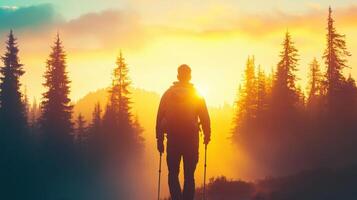 Hiker enjoying a vibrant sunset surrounded by tall trees on a mountain trail in early evening light photo