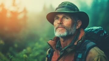 Experienced hiker navigating through a lush forest at dawn, appreciating the serenity of nature while carrying essential backpacking gear photo