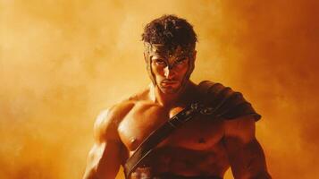 Powerful muscular warrior stands confidently under a dramatic orange sky in a heroic pose, embodying strength and valor during a mythical battle moment captured in time photo